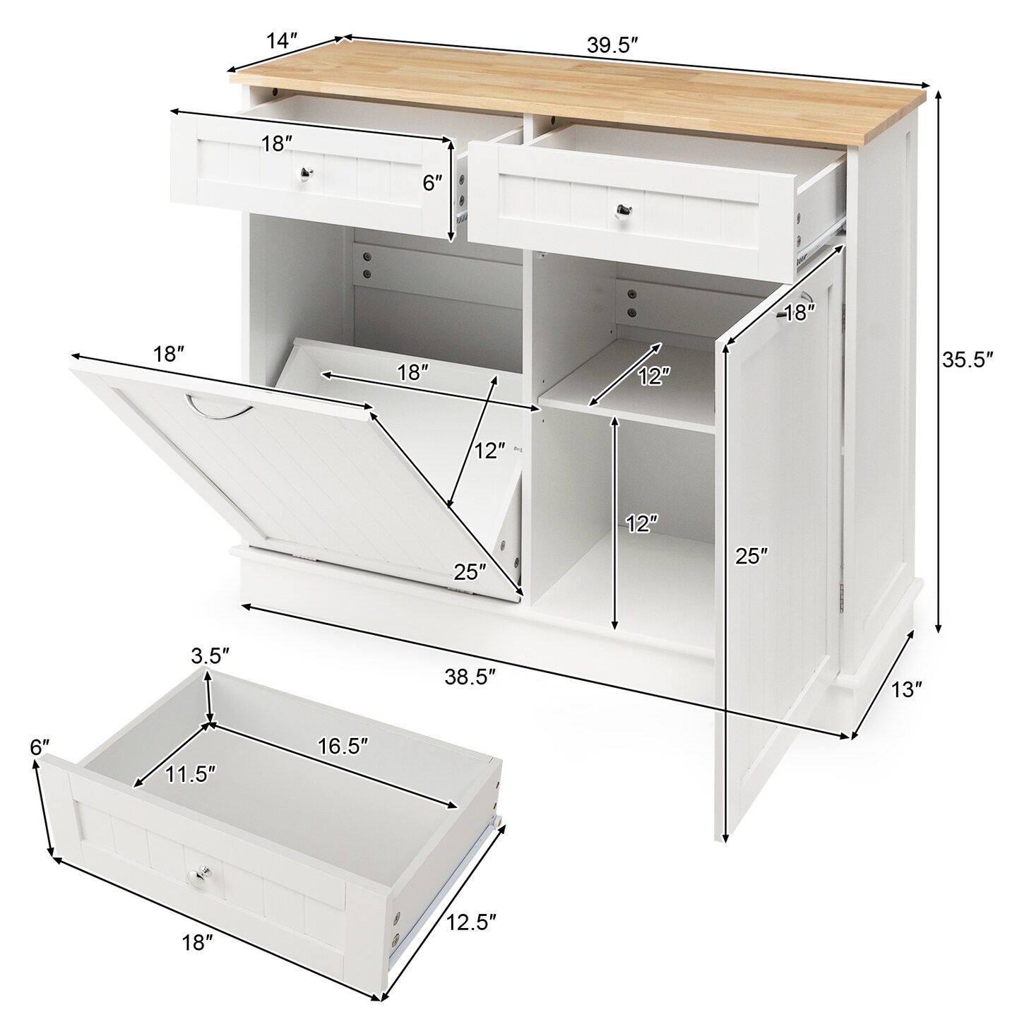 Rubber Wood Kitchen Trash Cabinet with Single Trash Can Holder and