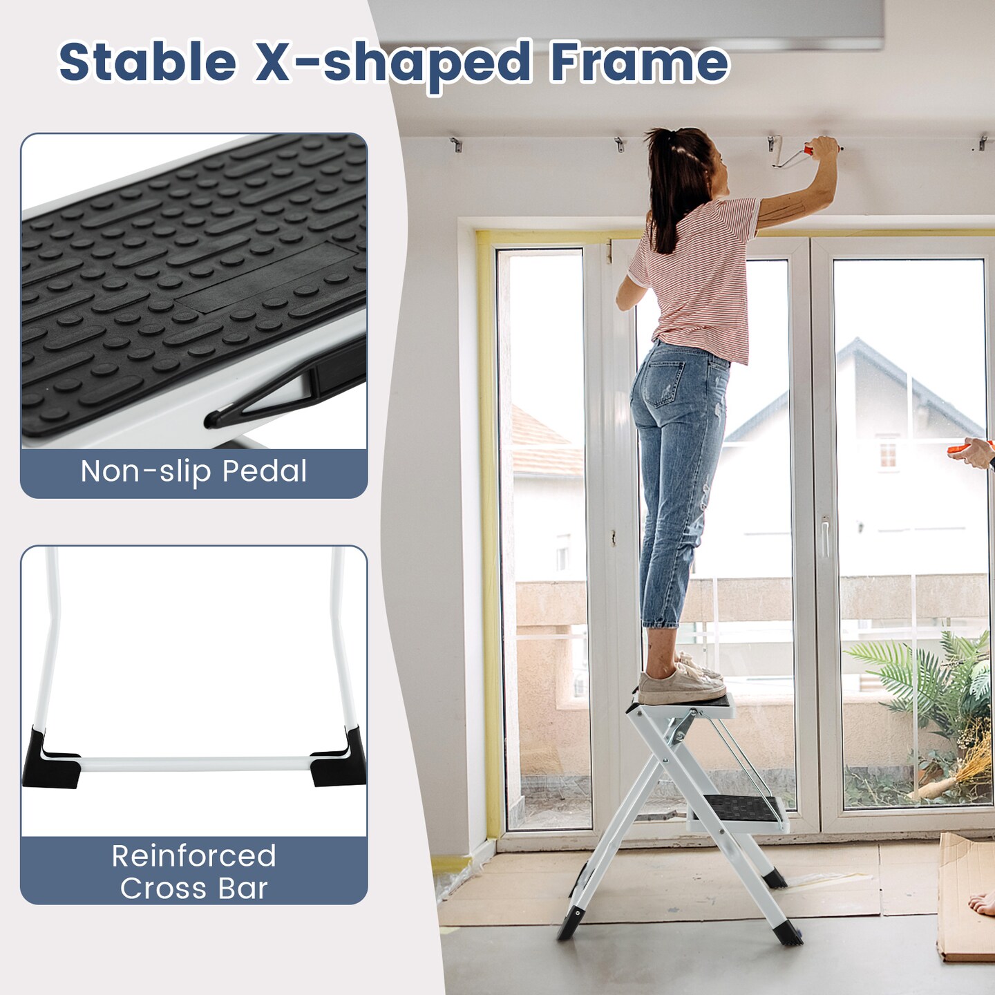 Folding 2 Step Ladder wiht Anti-Slip Pedal and Large Foot Pads-Black &#x26; White