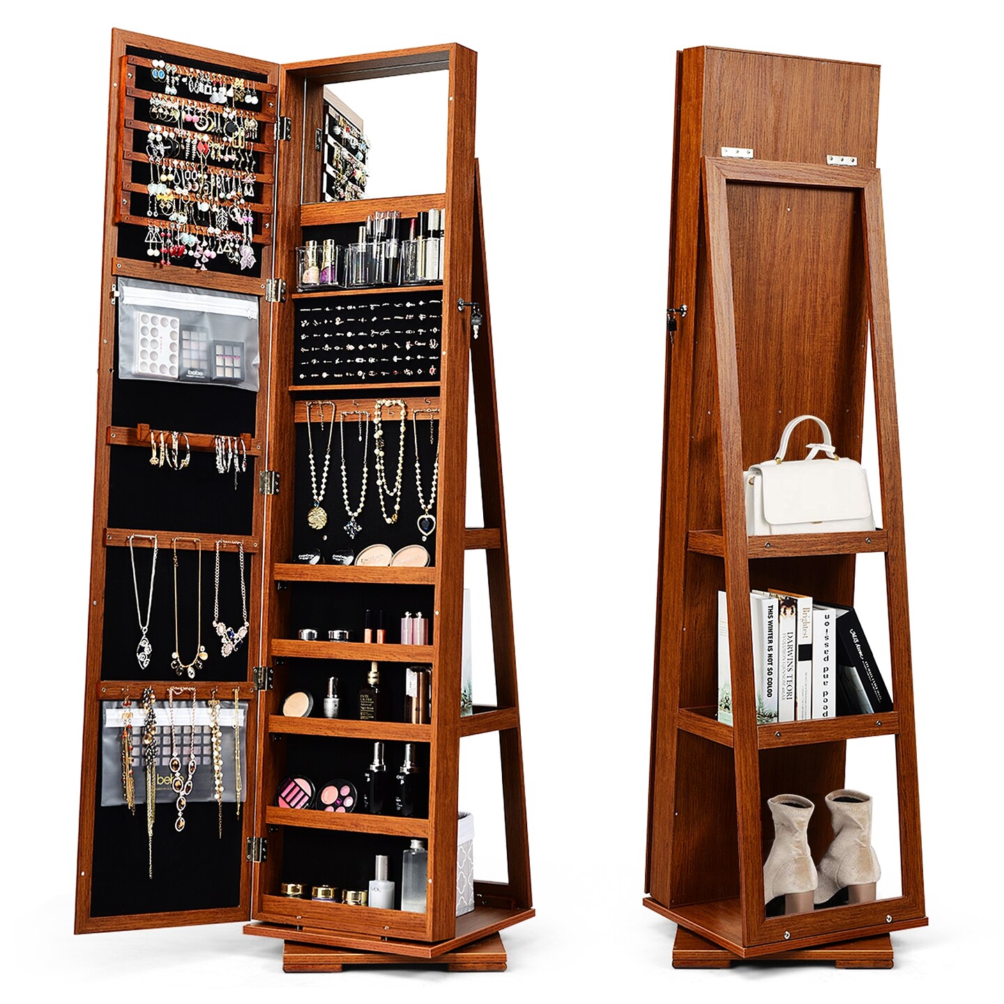 360° Rotatable Armoire 2-in-1 Lockable Mirrored Jewelry Cabinet