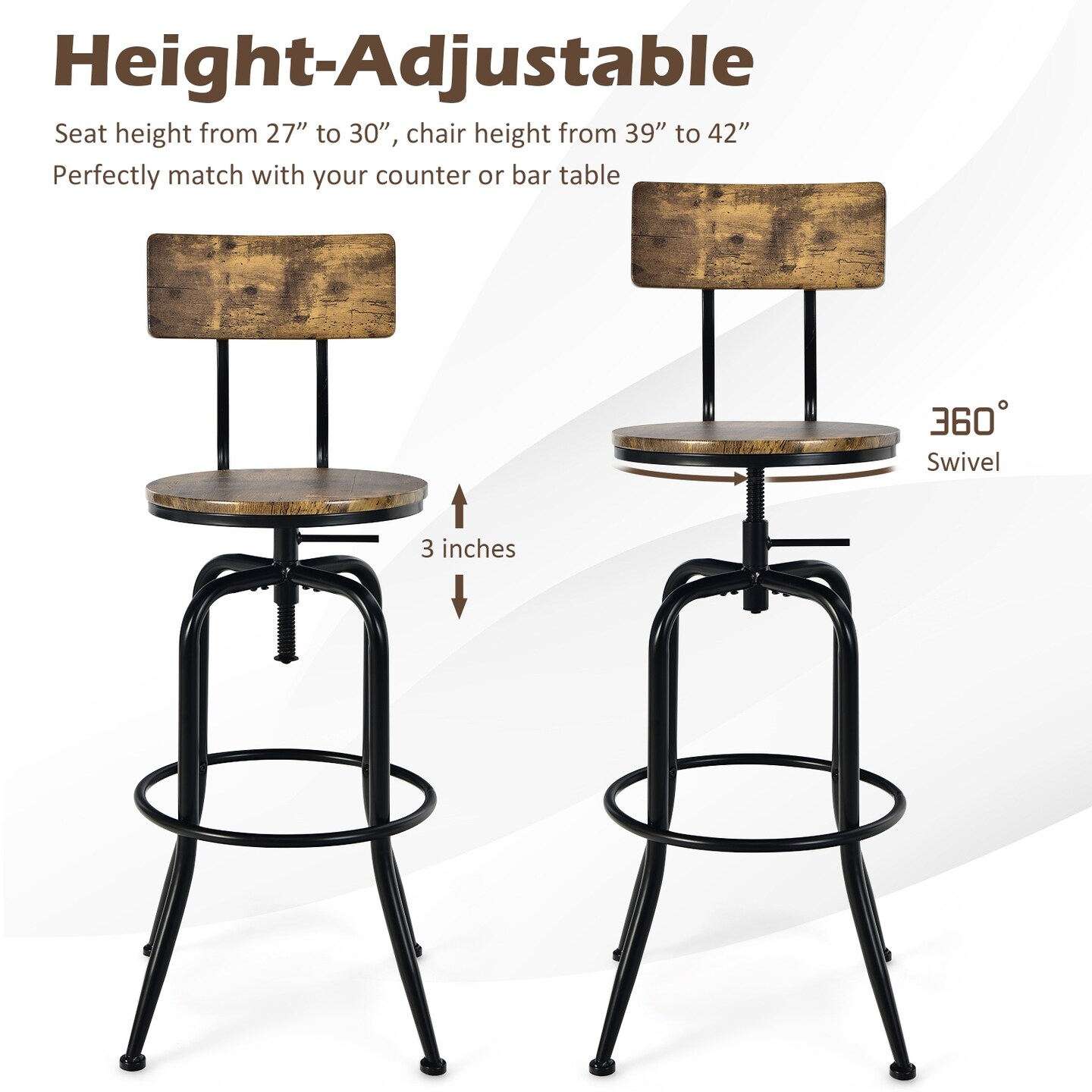 Adjustable Swivel Counter-Height Stool with Arc-Shaped Backrest-Rustic Brown