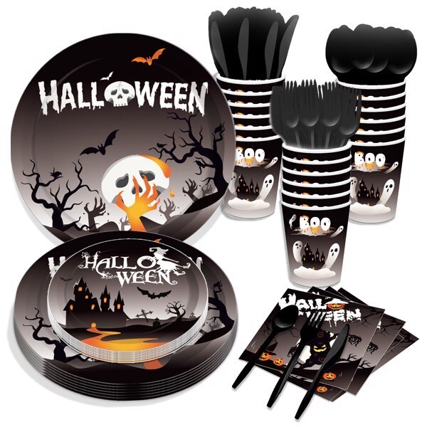 inQ Boutique Halloween Black Disposable Tableware Paper Plates - 68PCS Dinnerware Party Cutlery Kit