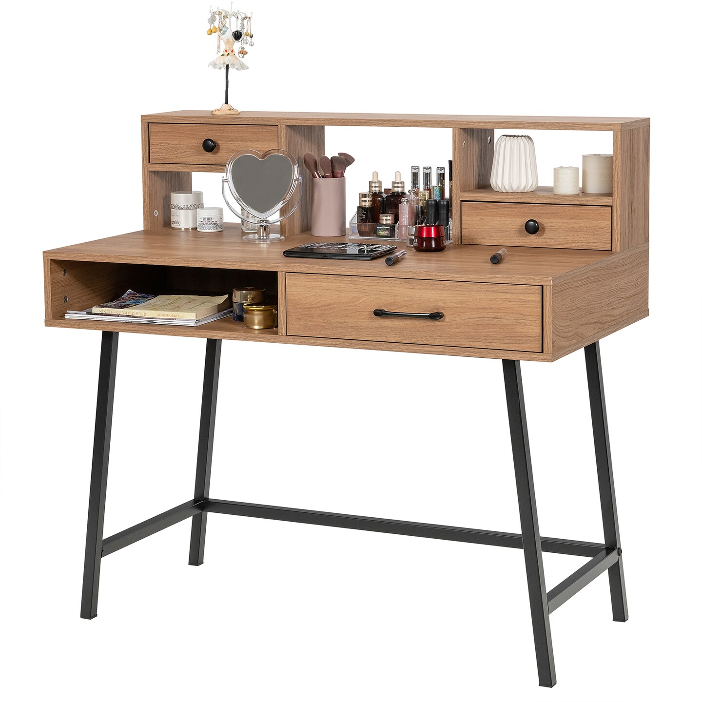 42-Inch Vanity Desk with Tabletop Shelf and 2 Drawers-Natural