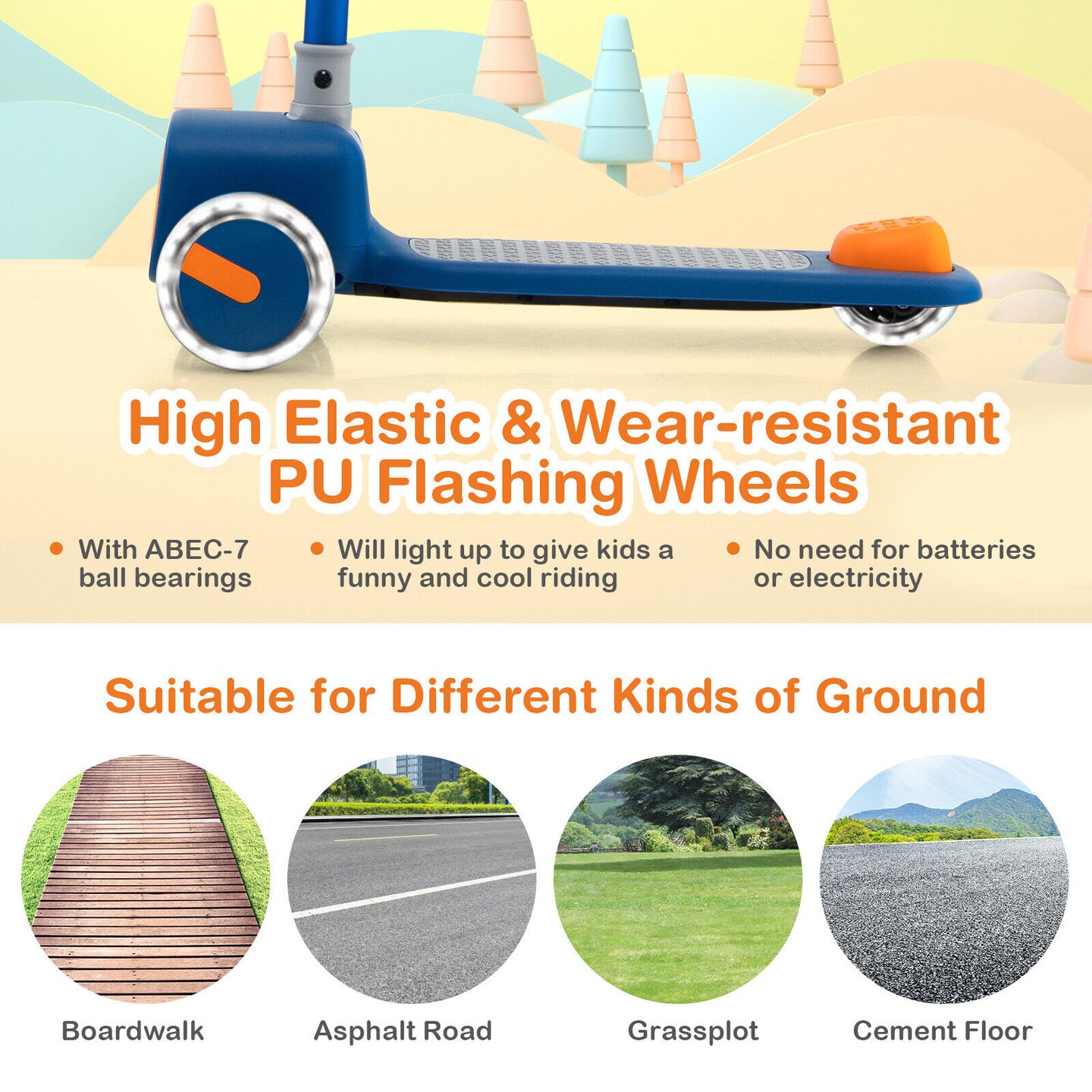 3 Adjustable Heights Foldable Kids Toy Scooter with LED Flashing Wheels Horn and 4 Emoji Covers