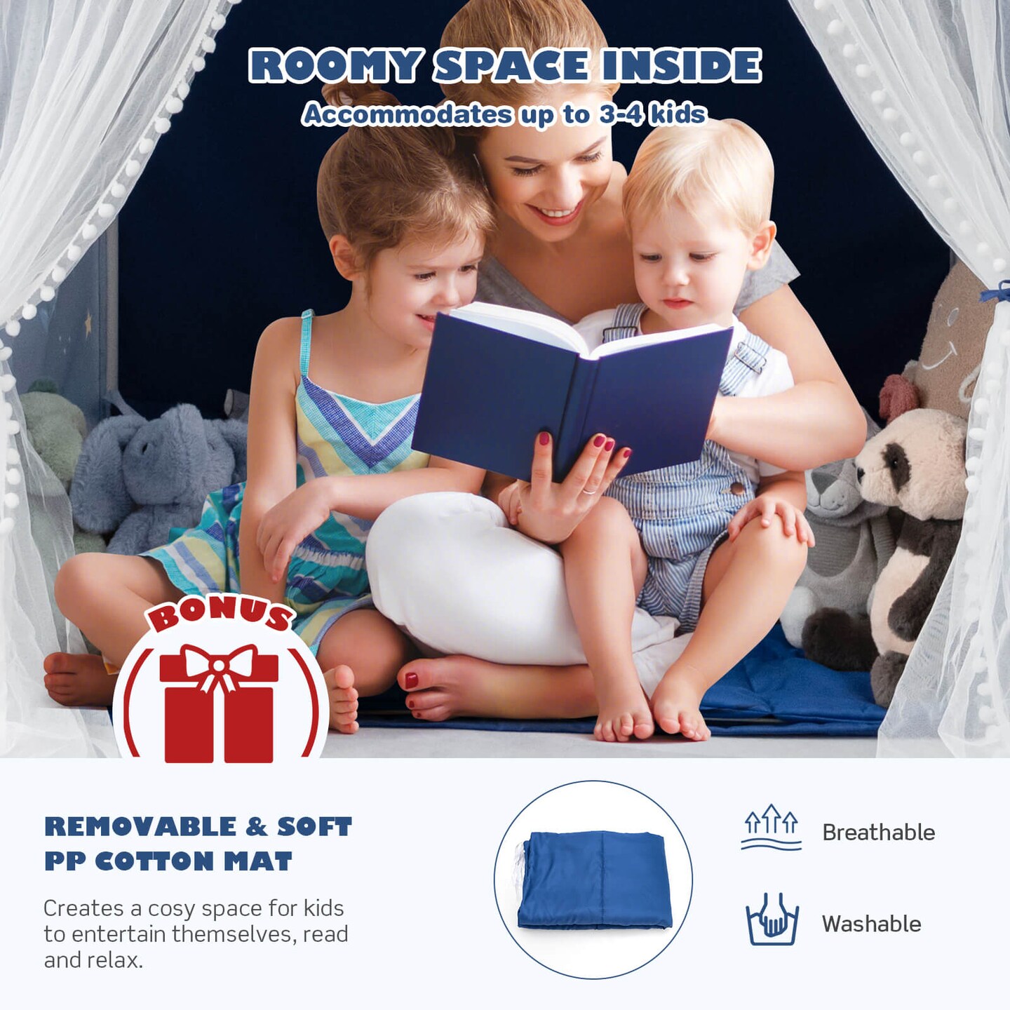 Kids Indoor Playhouse Tent with Removable and Comfortable Cotton Mat and Mesh Curtains