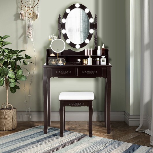 Makeup Dressing Table with Touch Switch Lighted Mirror and Cushioned Stool