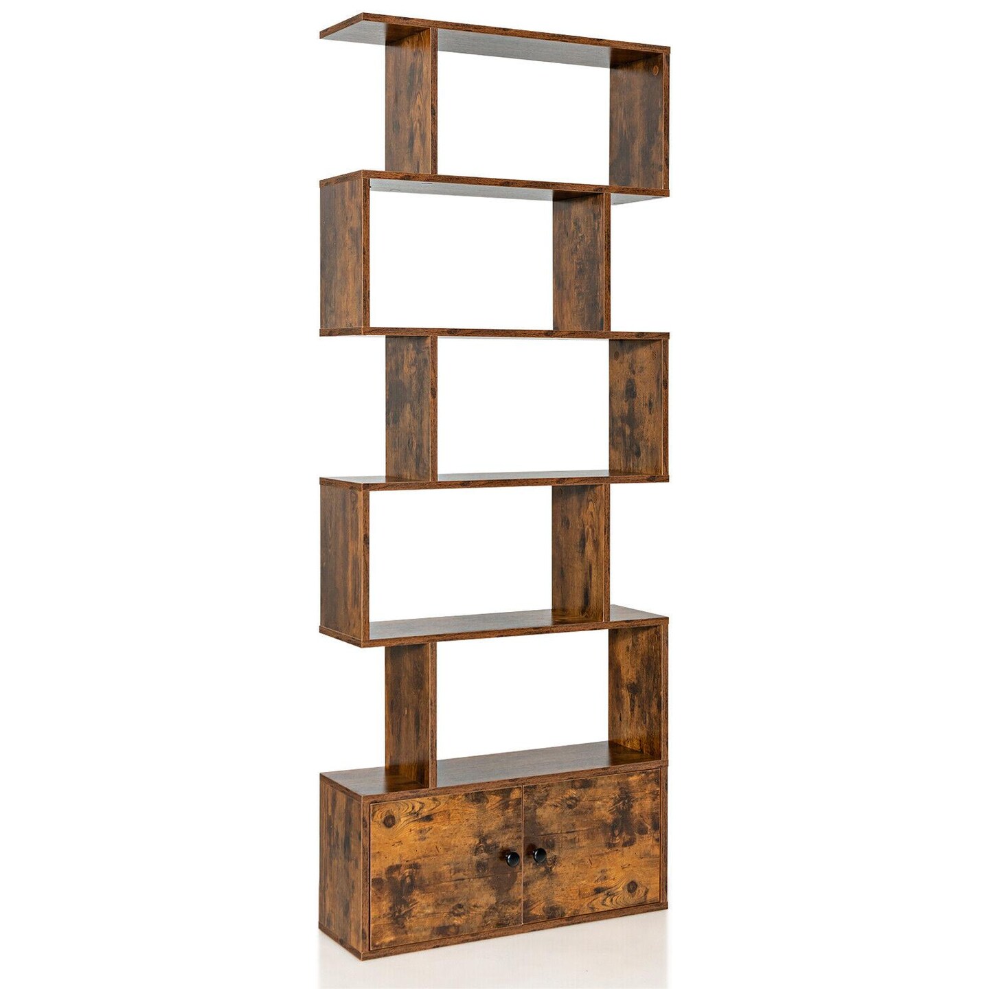 Engineered Wood S-Shaped Bookshelf with Cabinet and Doors