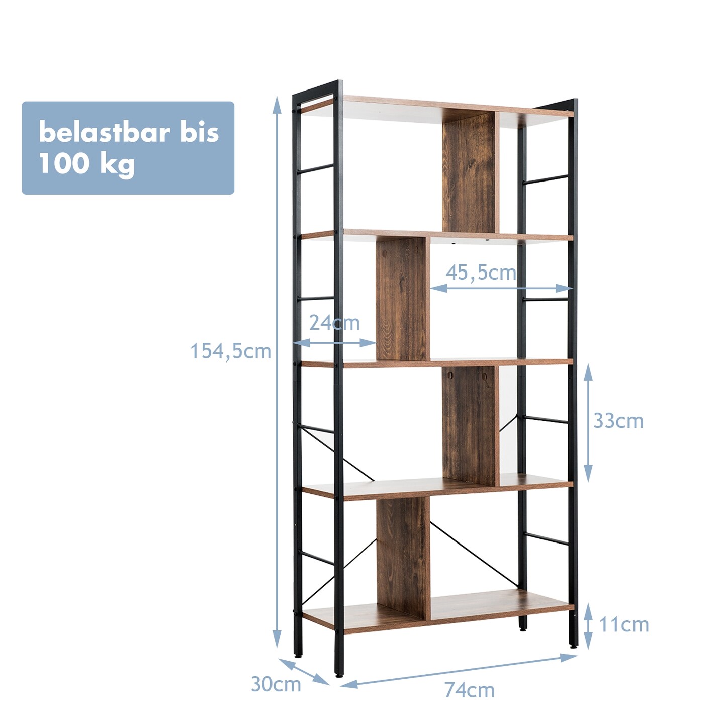 Industrial 4 Tier Bookshelf Open Bookcase with Metal Frame Storage Shelf for Living Room Office Bedroom