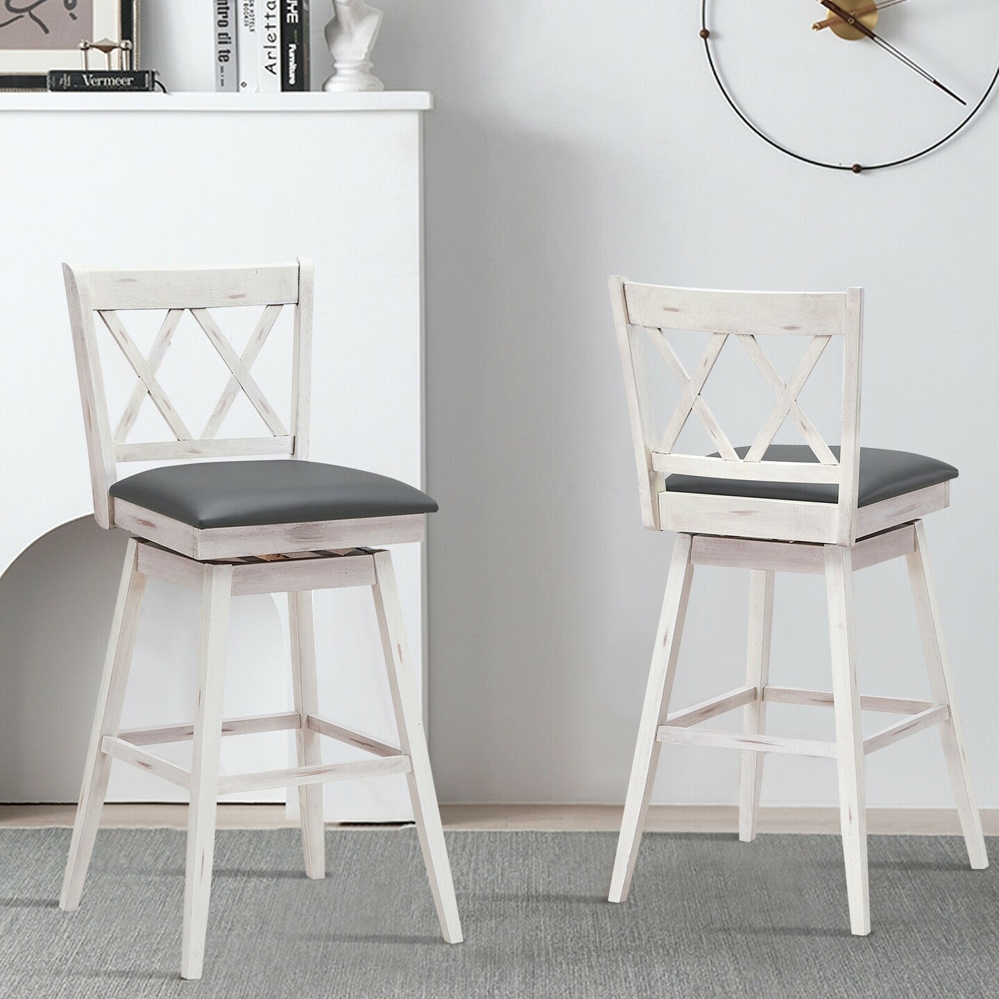 2 Pieces 29 Inches Swivel Counter Height Barstool Set with Rubber Wood Legs