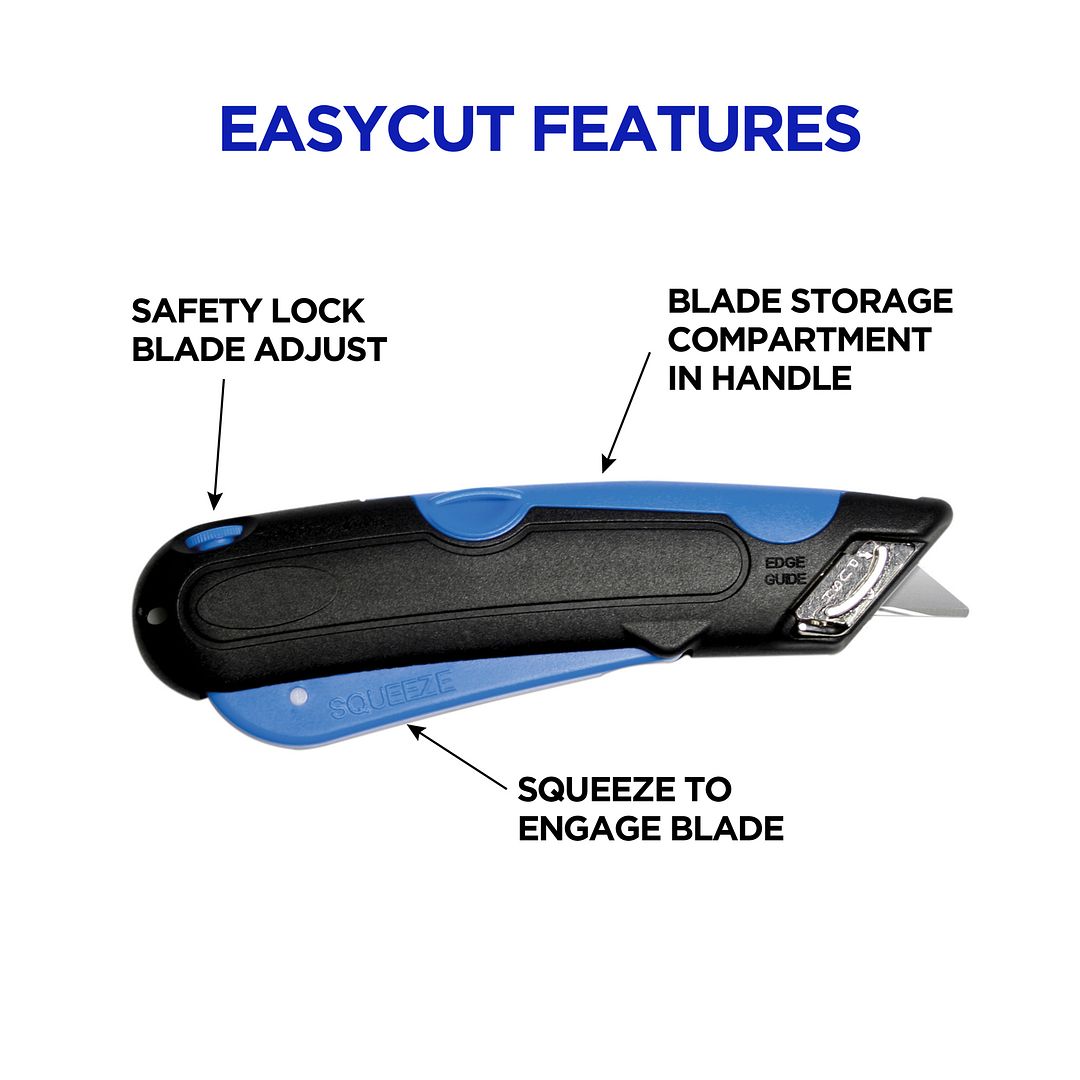 Garvey Easycut Cutter Knife, Self-Retracting Safety Tipped Blade, Box Cutter for Cartons, Boxes, Straps and Packages, Black and Blue (091508)