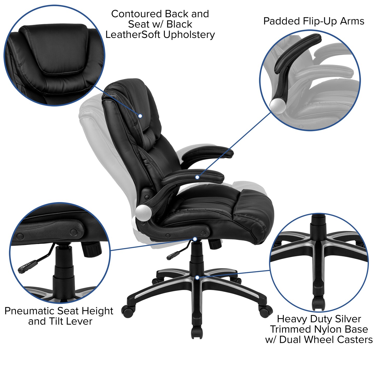 Emma and Oliver High Back Leather Executive Swivel Office Chair with Double Layered Headrest and Open Arms