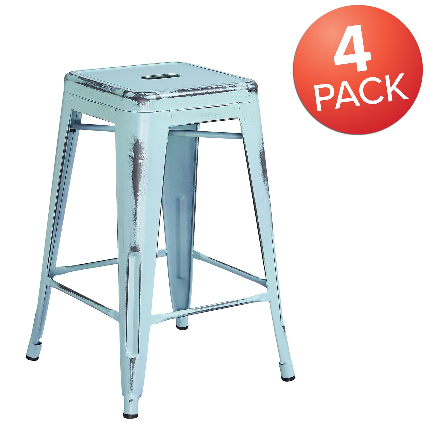 Emma and Oliver Commercial Grade 4 Pack 24&#x22; High Backless Distressed Metal Indoor-Outdoor Counter Height Stool