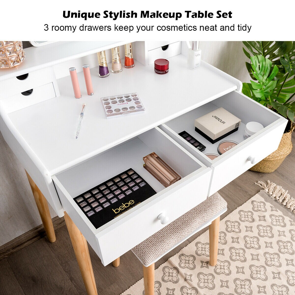 Vanity Table Set Dressing Table Cushioned Stool Makeup Table