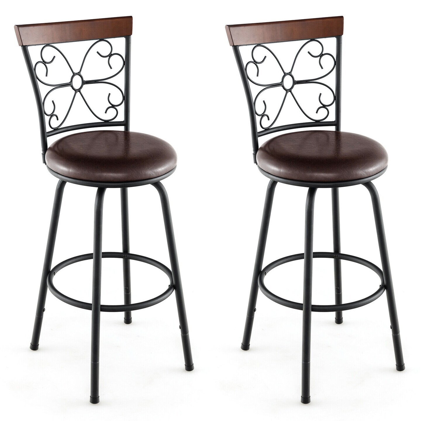 2 Pieces 24-Inch Adjustable PU Cushioned Swivel Barstools with 4 Additional Leg Tubes