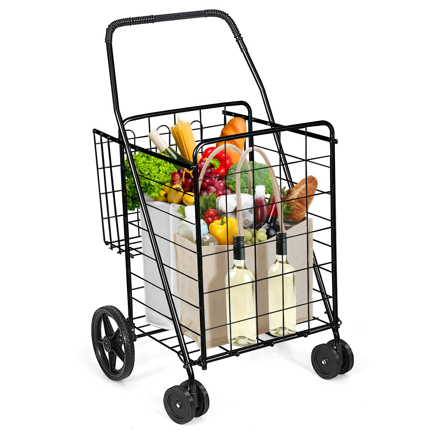Folding Shopping Cart for Laundry with Swiveling Wheels &#x26; Dual Storage Baskets