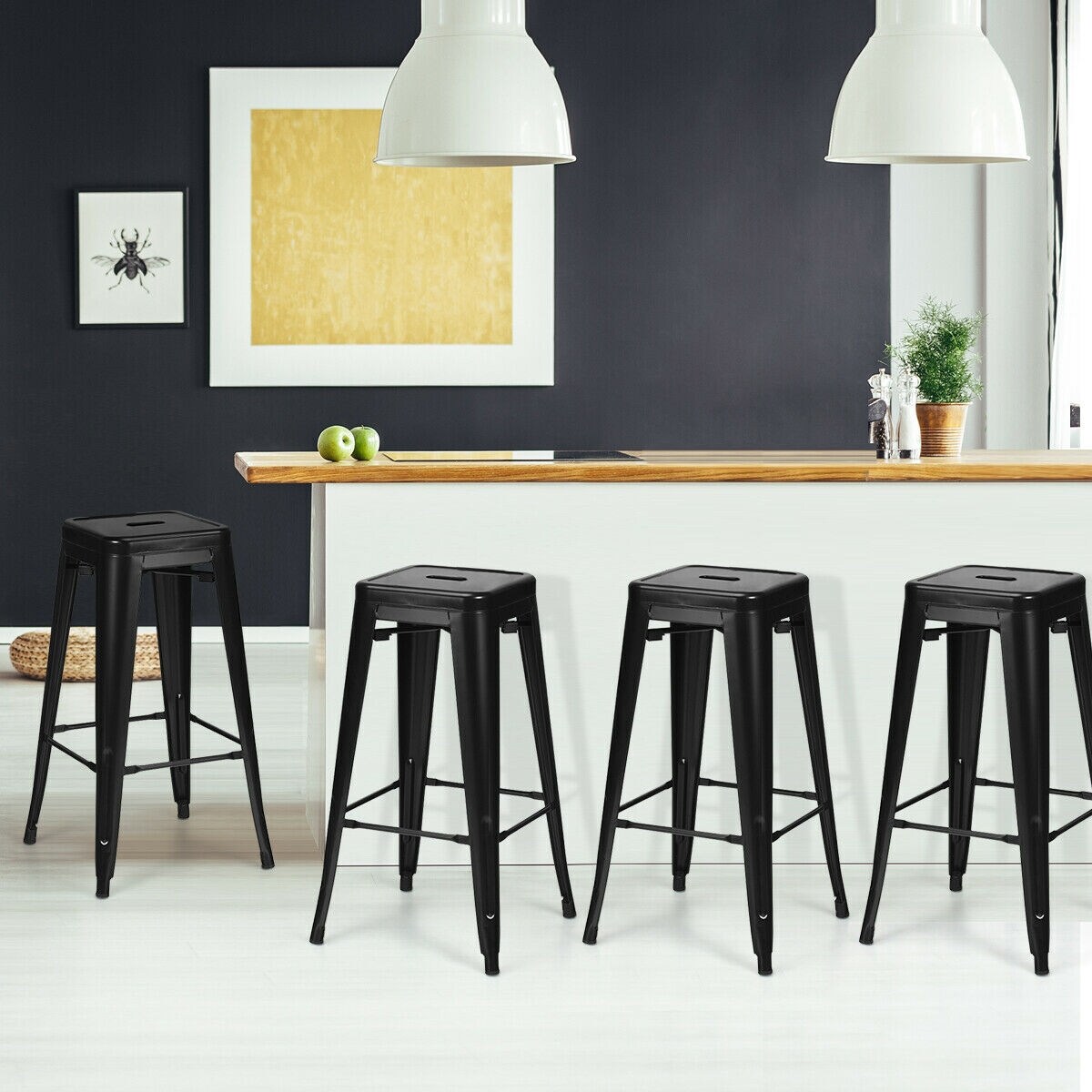 30 Inch Set of 4 High Back Stackable Metal Bar Stools with Removable Backrest and Footrest