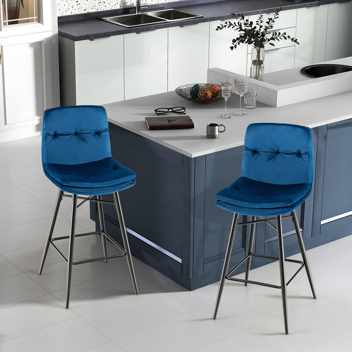 29 Inch Velvet Bar Stools Set with Tufted Back and Footrests- Set of 2