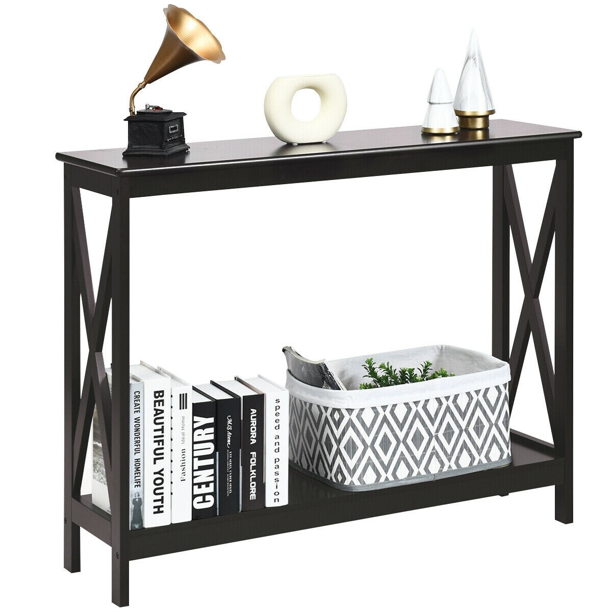 2-Tier Console X-Design Sofa Side Accent Table with Spacious Storage Space
