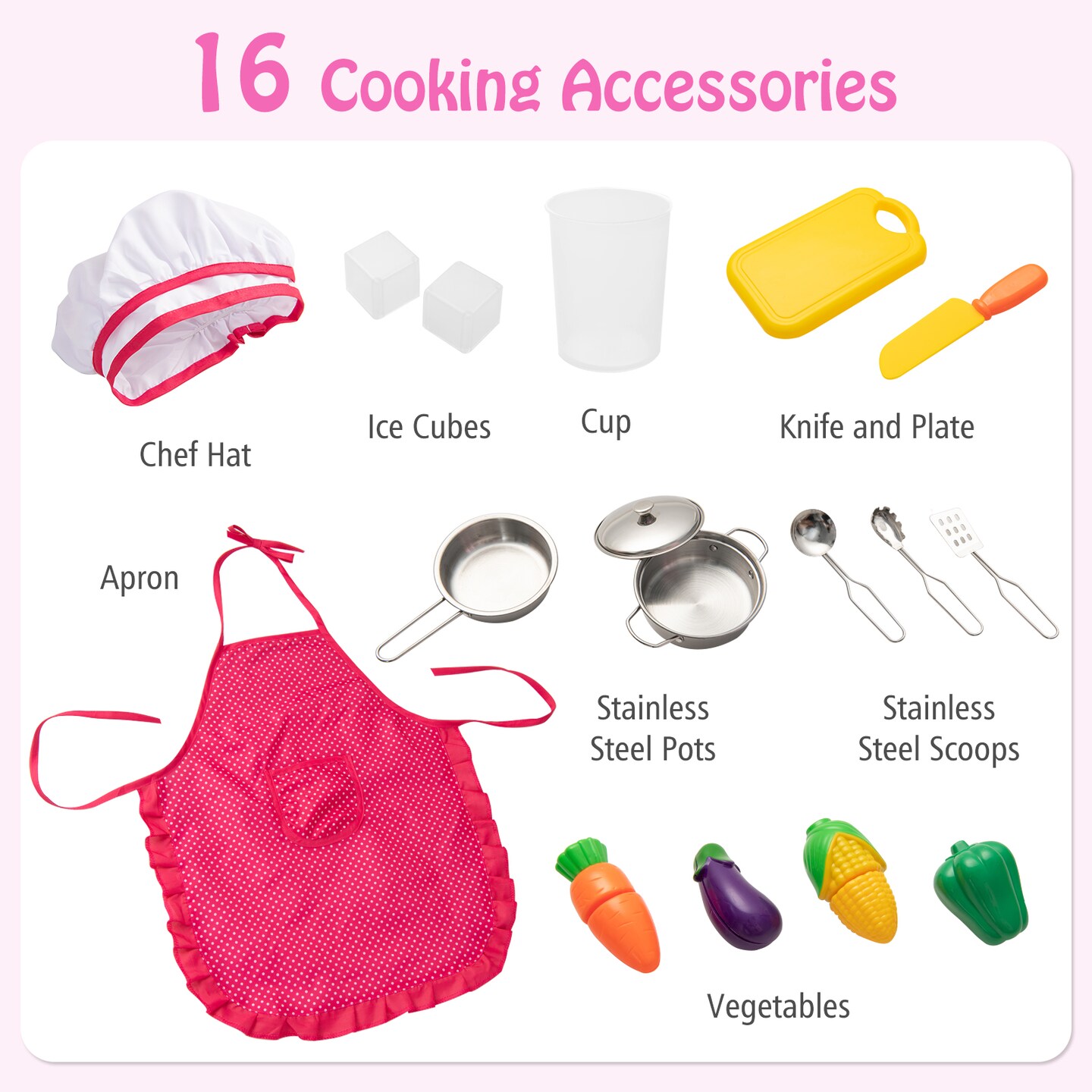Pretend Play Kitchen for Kids with 16 Pieces Accessories-Pink
