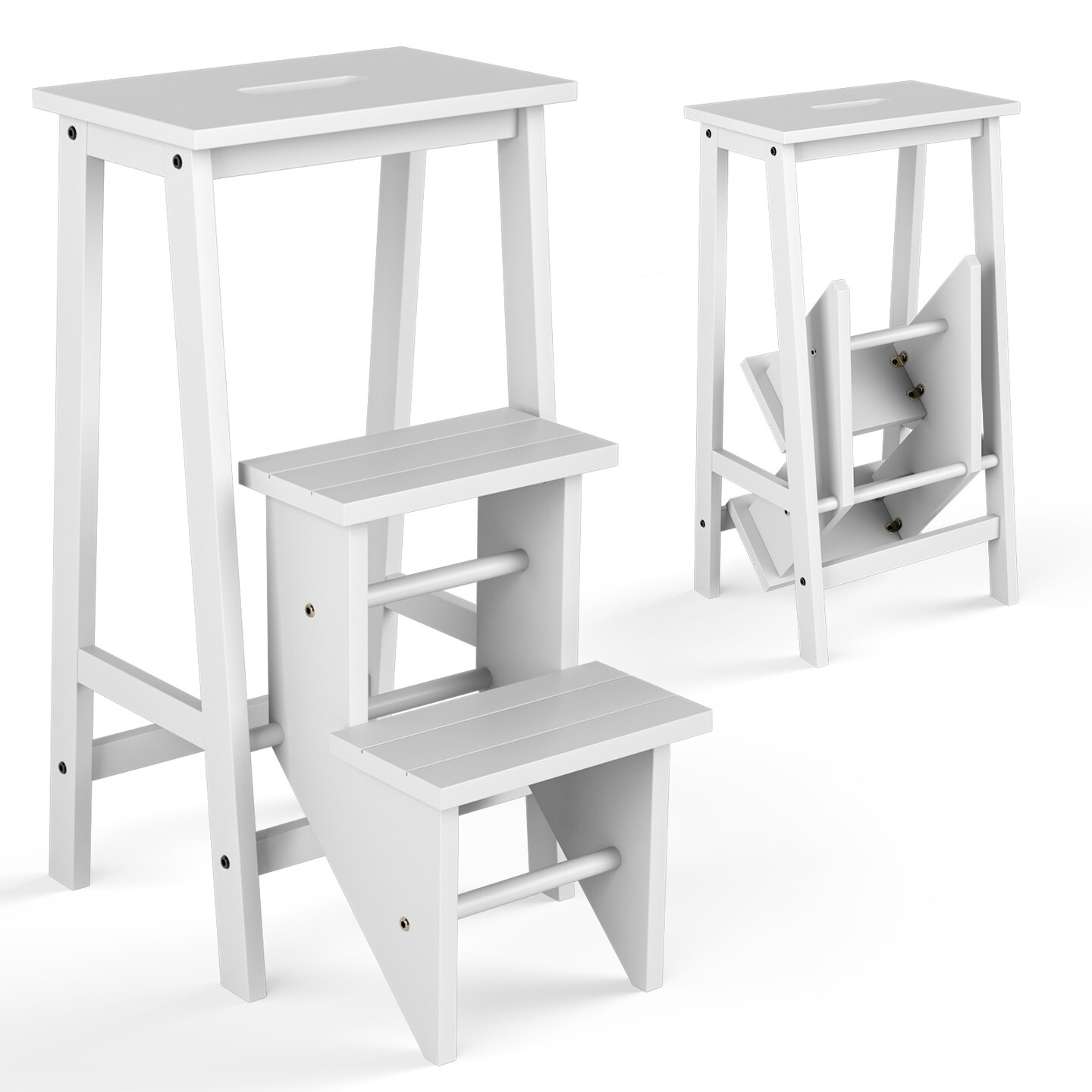 3-in-1 Rubber Wood 3 Tier Folding Step Stool Ladder Storage Shelf