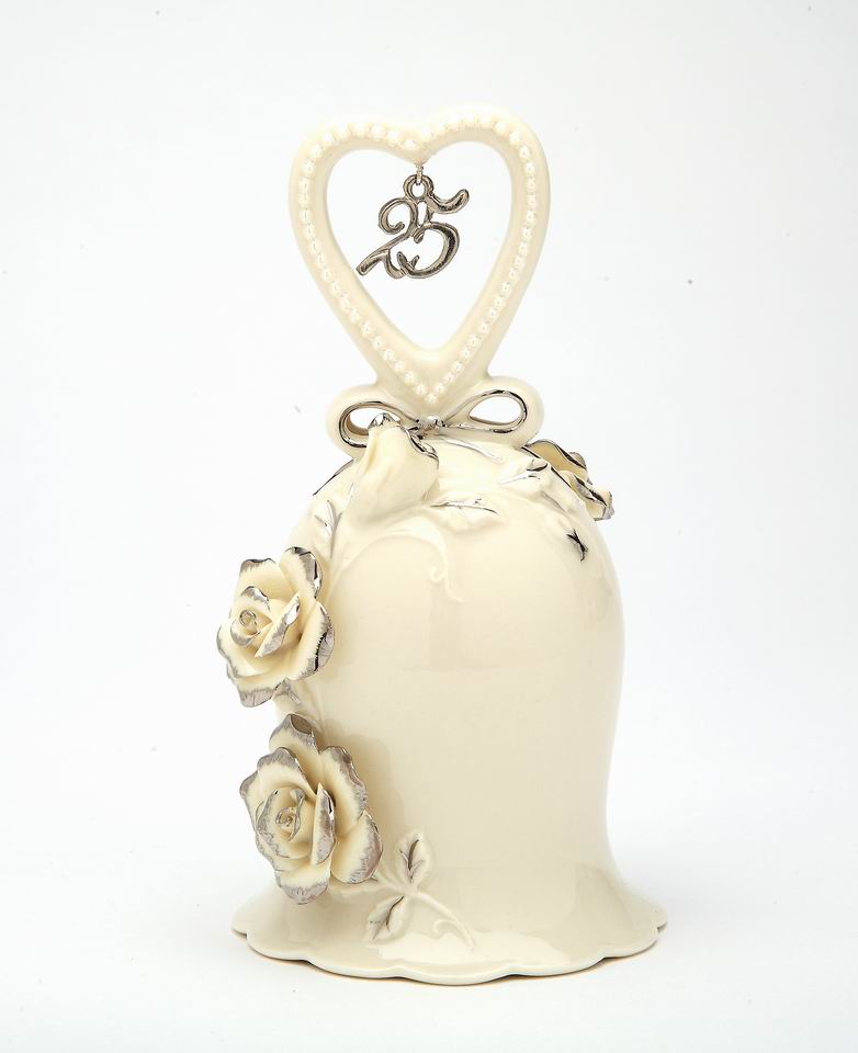 Hand Crafted Ceramic Ivory Rose Bell with Silver Accents-25th Anniversary, Anniversary D&#xE9;cor, Anniversary Gift