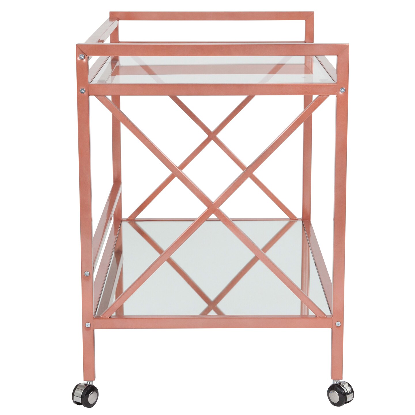 Merrick Lane Belmount Rolling Bar Cart Contemporary Kitchen Serving Cart with Mirrored Bottom Shelf and Crisscross Metal Frame