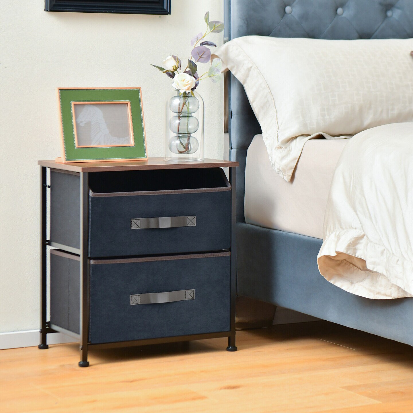 20" Multi-Functional Nightstand with Metal Frame and 2 Fabric Drawers for Bedroom or Living Room