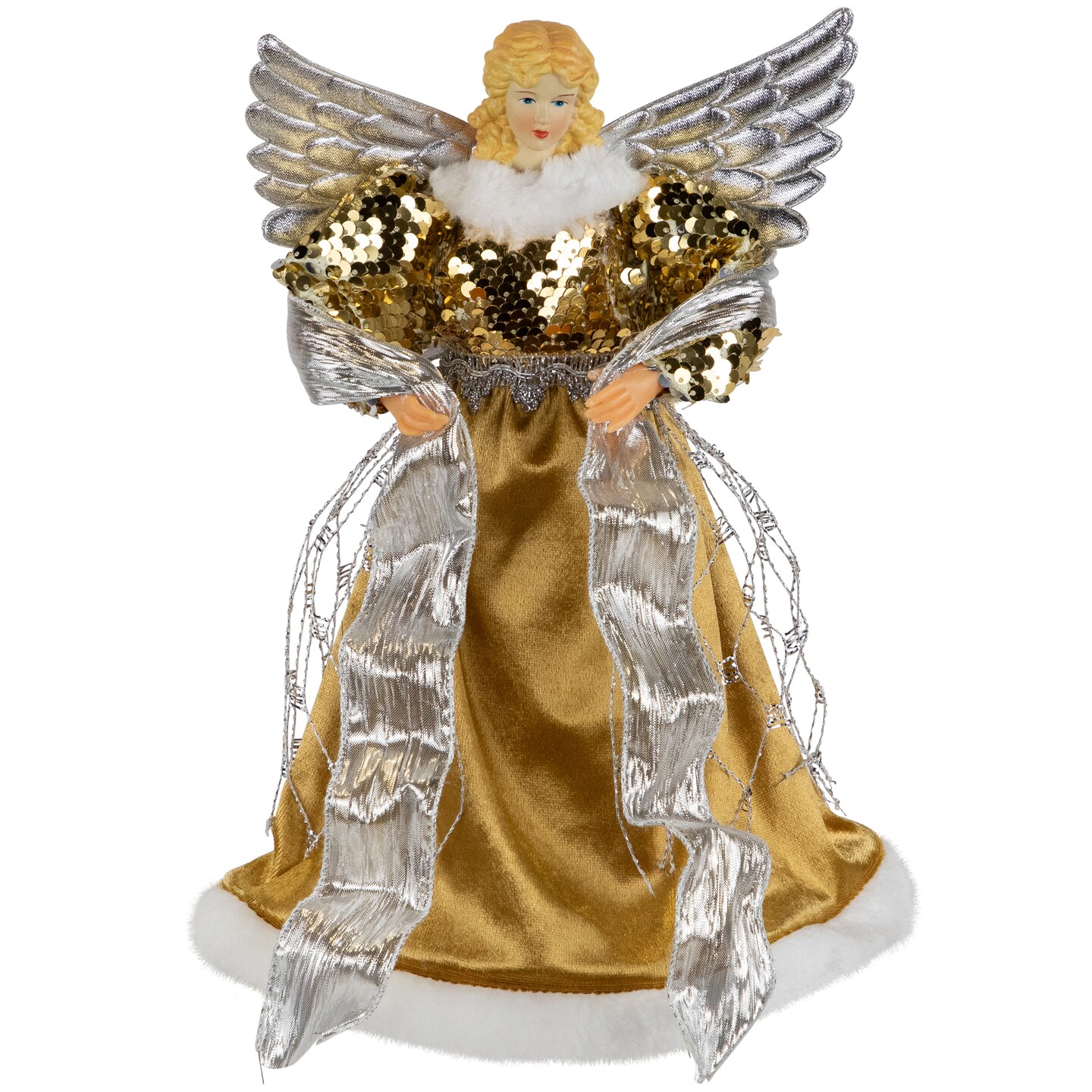Northlight 12" Metallic Bronze and Silver Sequined Angel Christmas Tree Topper, Unlit