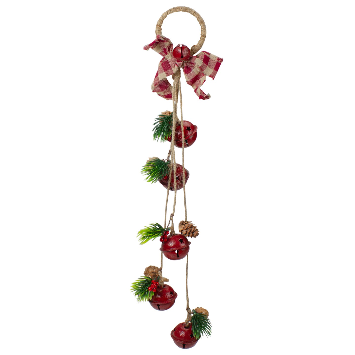 Northlight 15&#x22; Pine and Red Jingle Bell Christmas Door Hanger with Plaid Bow