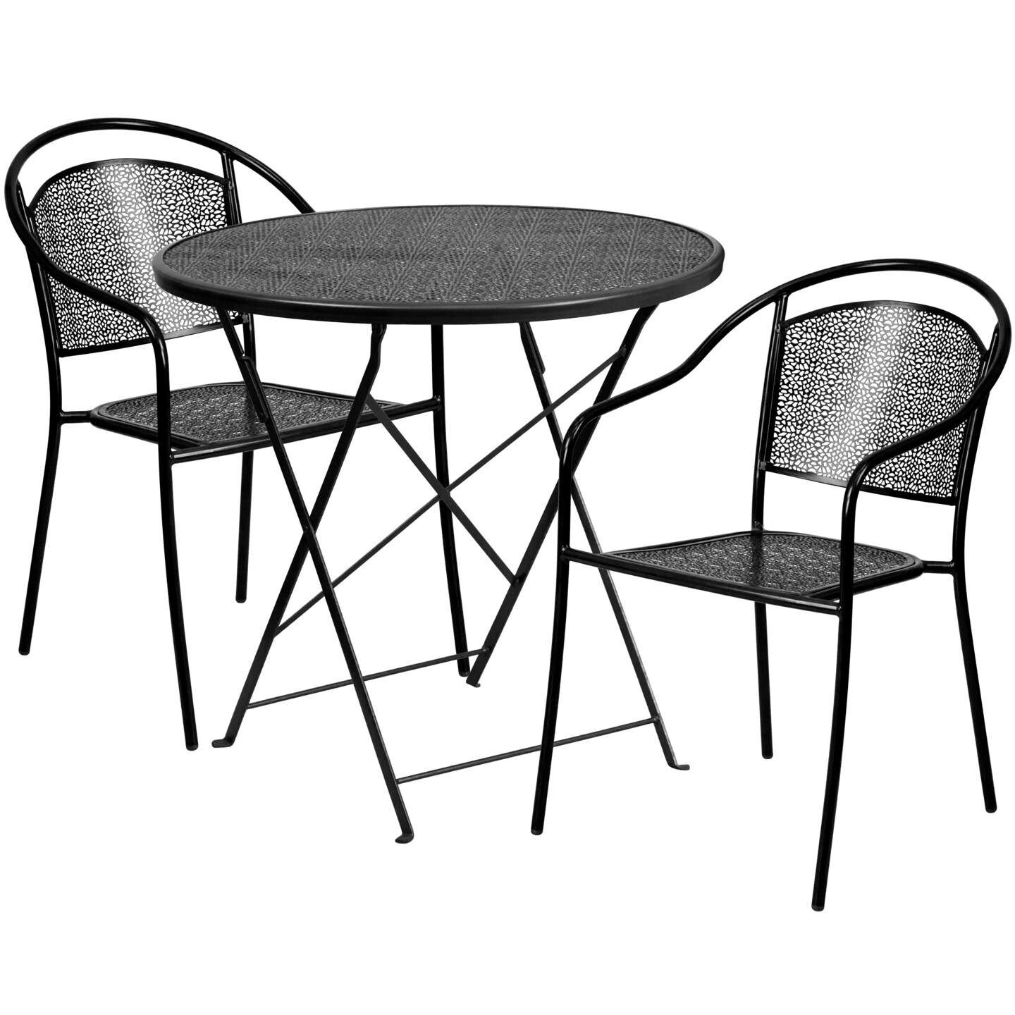 Emma and Oliver Commercial Grade 30" Round Metal Folding Patio Table Set w/ 2 Round Back Chairs