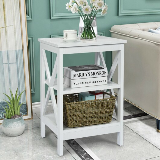 Multi-Functional Side Table with 3 Tier Storage Compartment and X-Shaped Side Design
