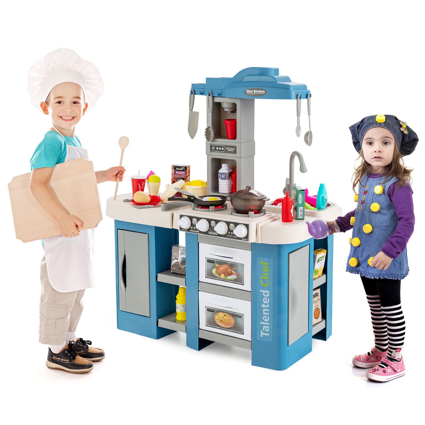 67 Pieces Play Kitchen Set for Kids with Food and Realistic Lights