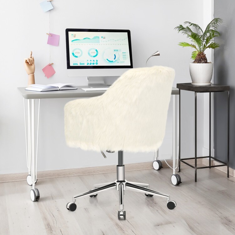 Beige Faux Fur Vanity Chair Adjustable Height Swivel Rolling Metal Base