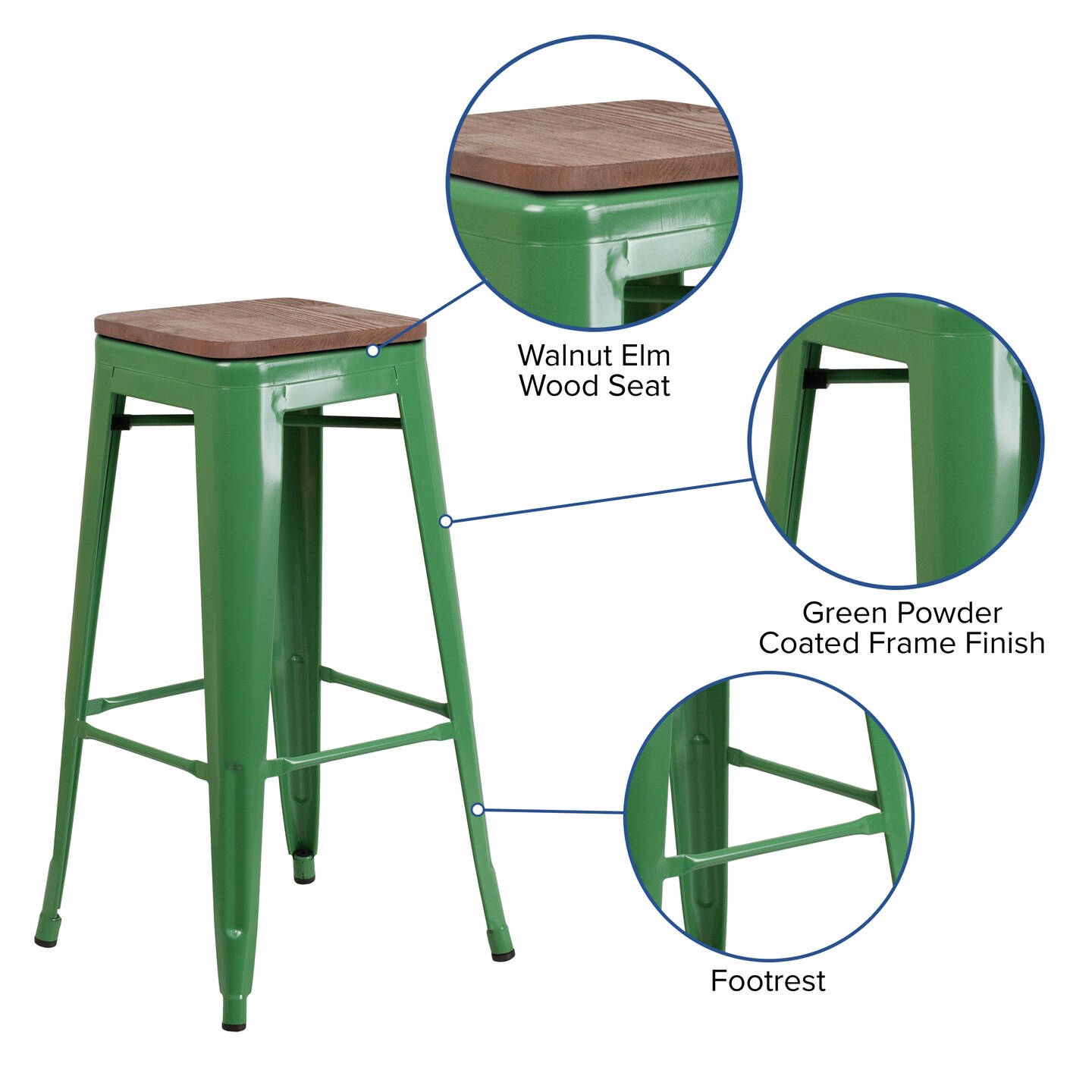 Merrick Lane Dalton Series Backless Metal Dining Stool with Wooden Seat for Indoor Use