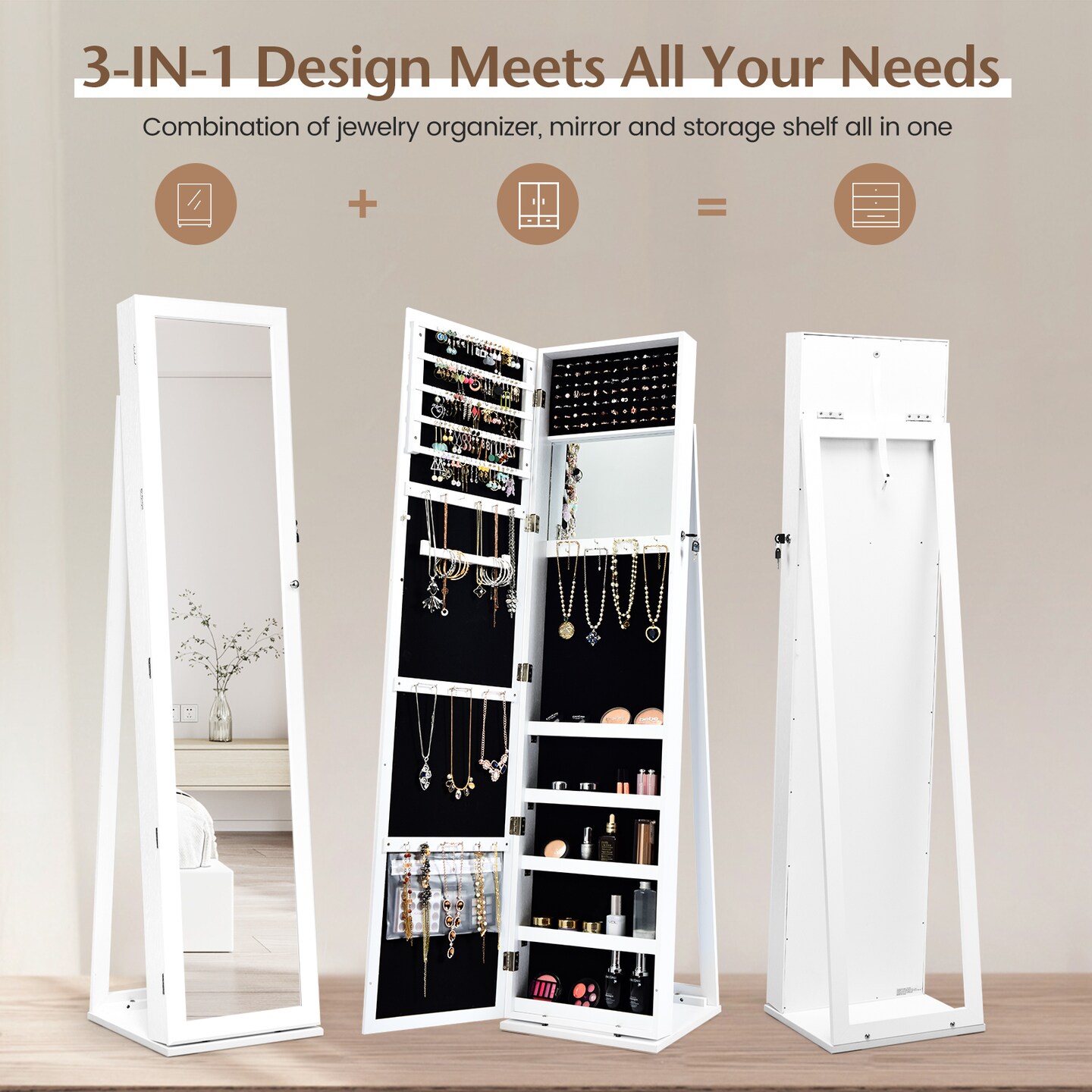 FreeStanding Lockable Jewelry Storage Organizer with Full-Length Mirror