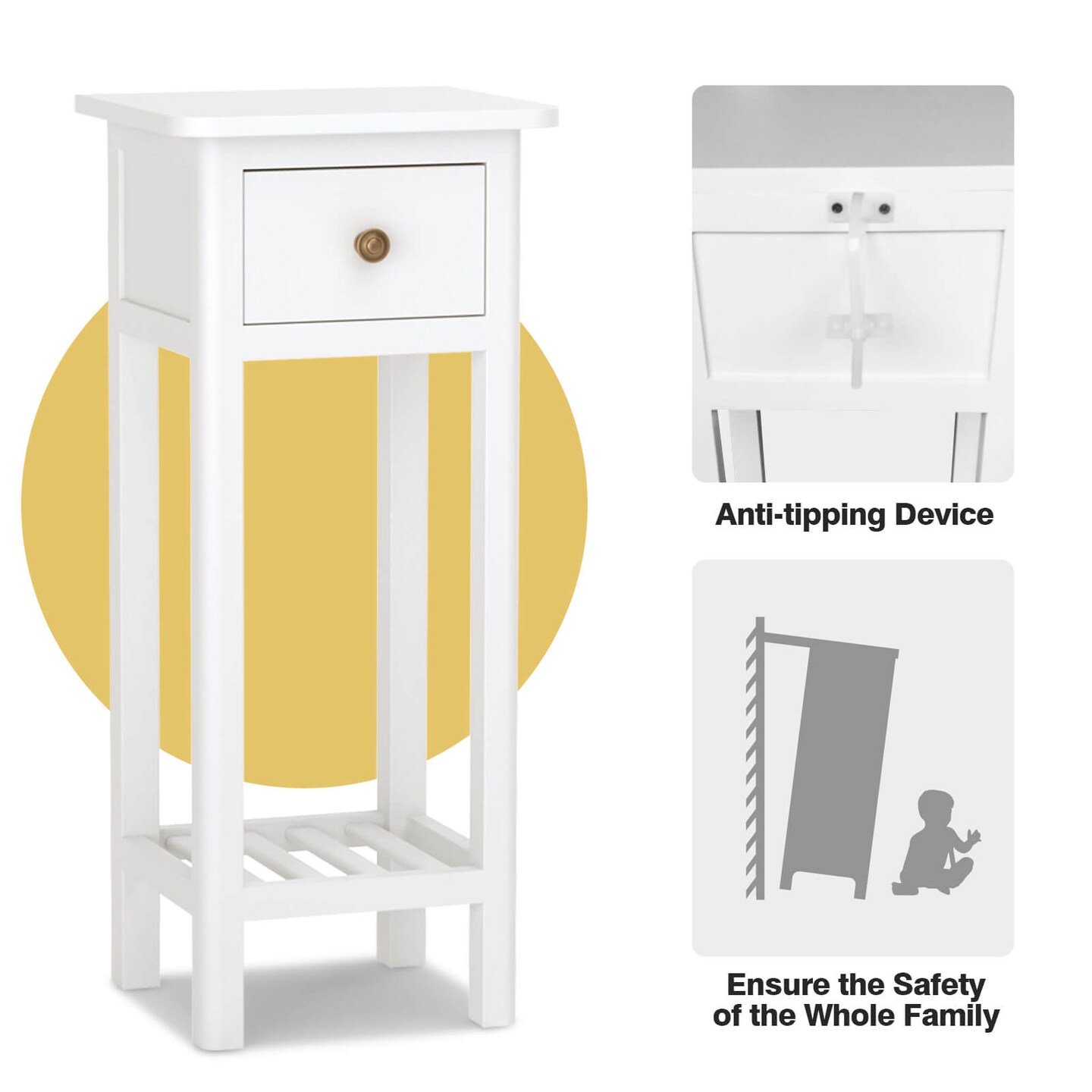 2 Tier Slim Rectangular Bedside Table Nightstand with Open Shelf and Small Drawer