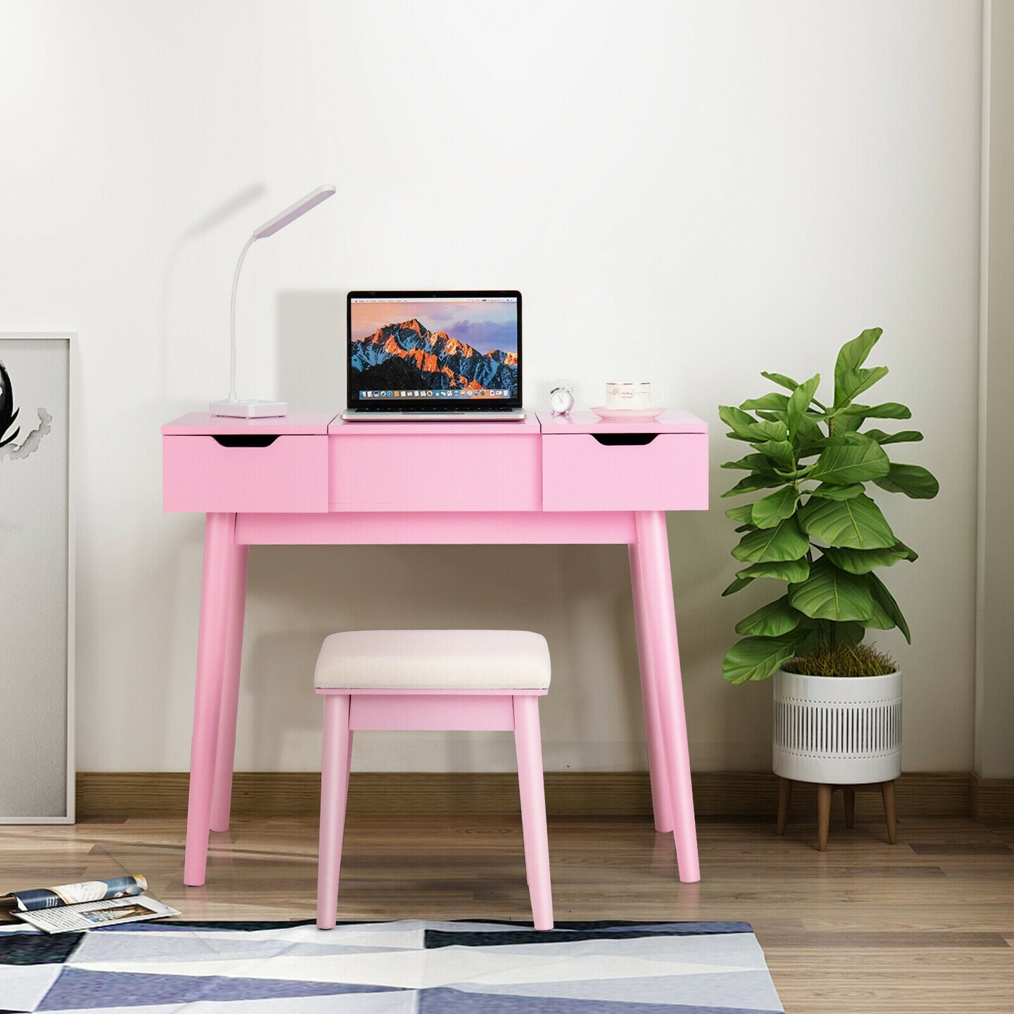 Makeup Vanity Desk with Stool 2 Drawers 9 Removable Dividers Pink