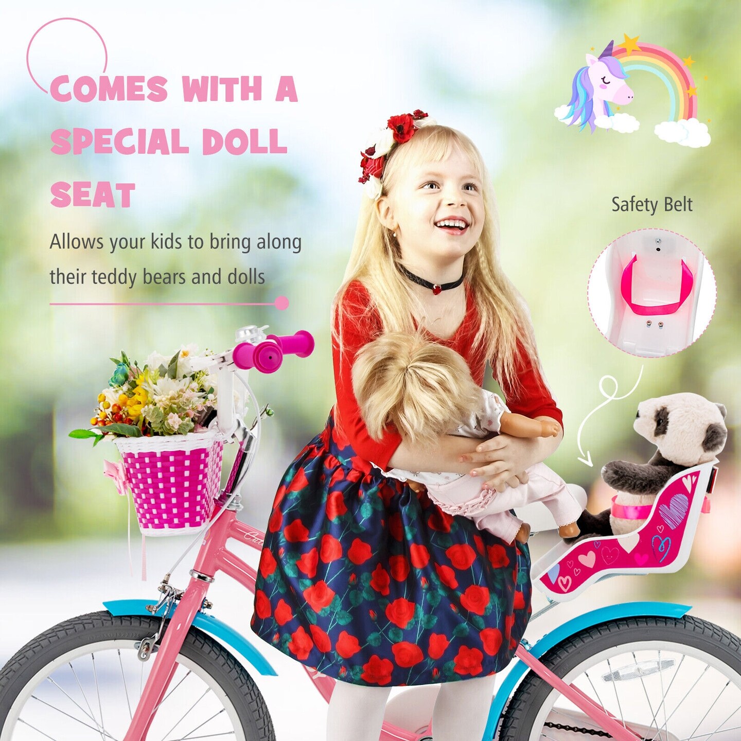 Pink Kids Bicycle with Training Wheels and Beautiful Basket for Girls
