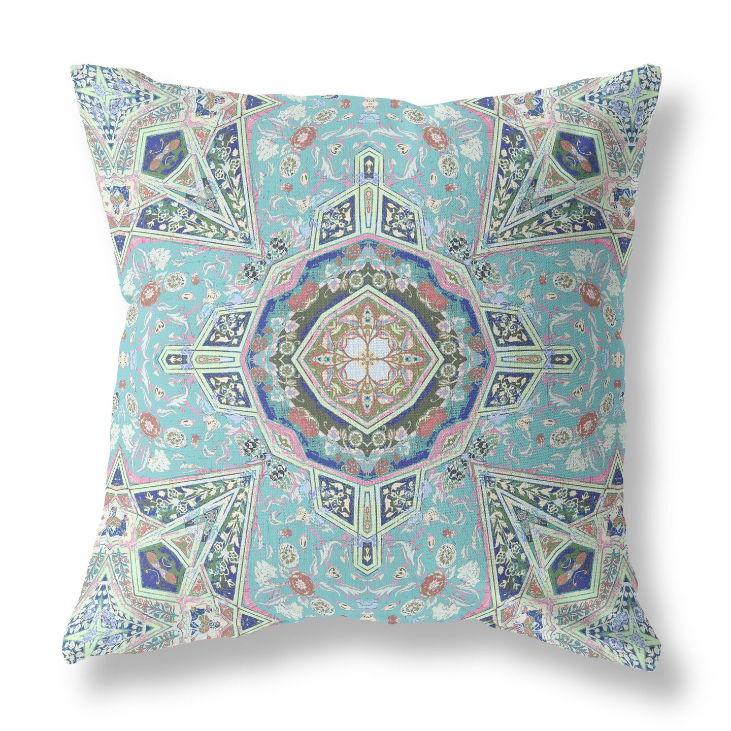 20 Aqua Brown Floral Geo Indoor Outdoor Throw Pillow