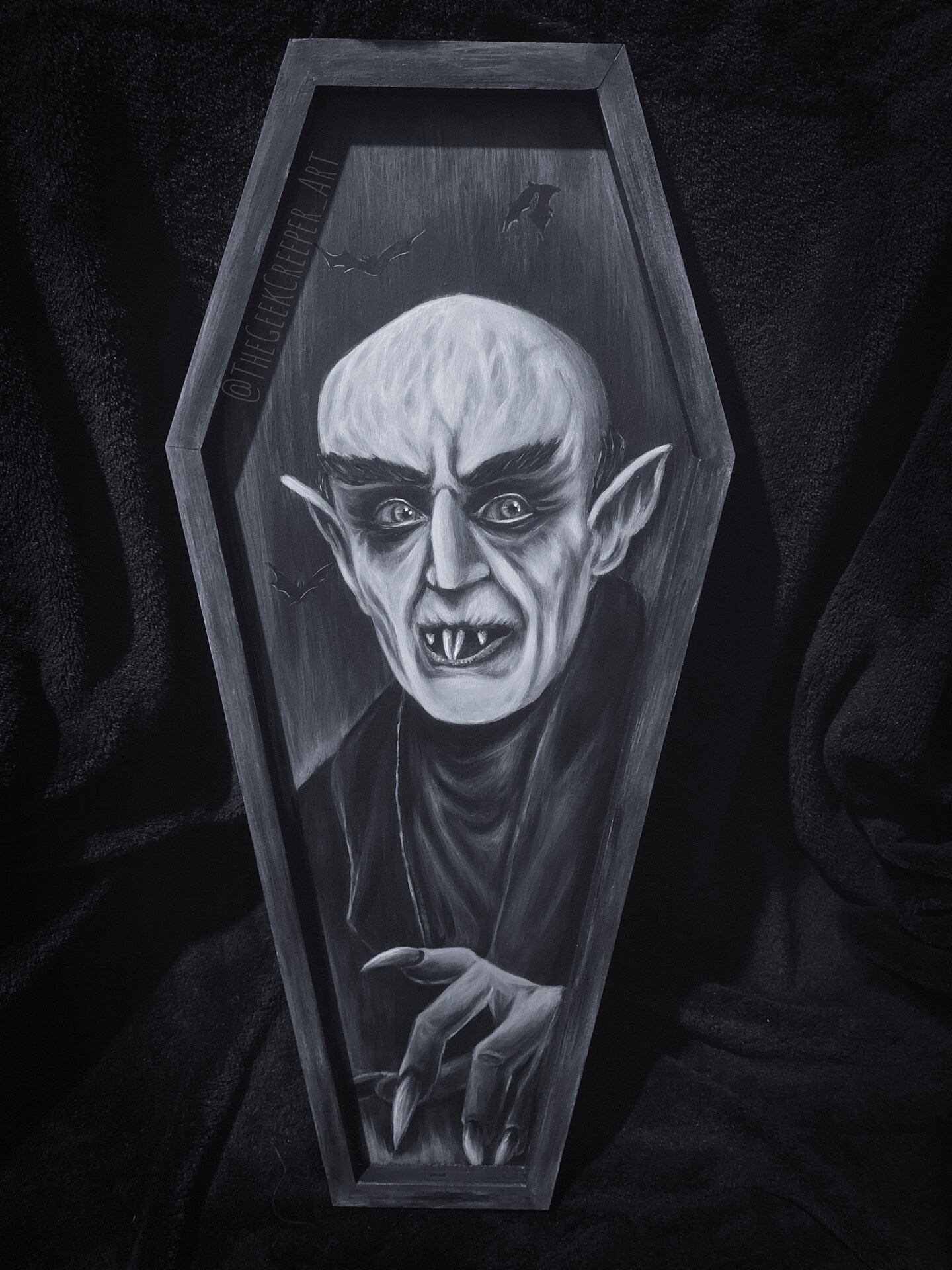 Count Orlok painting on coffin shaped wood panel 18”x8”