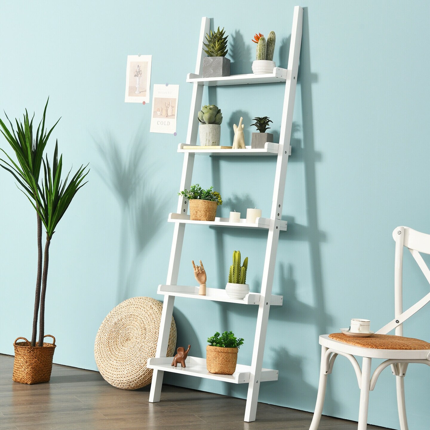 5-Tier Wall-leaning Ladder Shelf Display Rack for Plants and Books