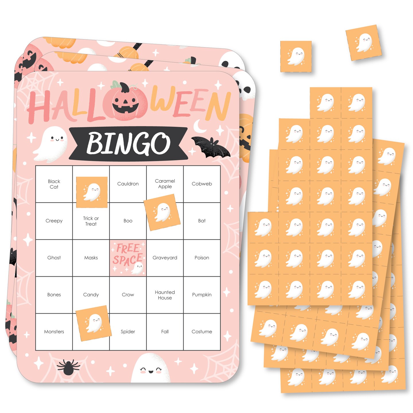Big Dot of Happiness Pastel Halloween - Bingo Cards and Markers - Pink Pumpkin Party Bingo Game - Set of 18