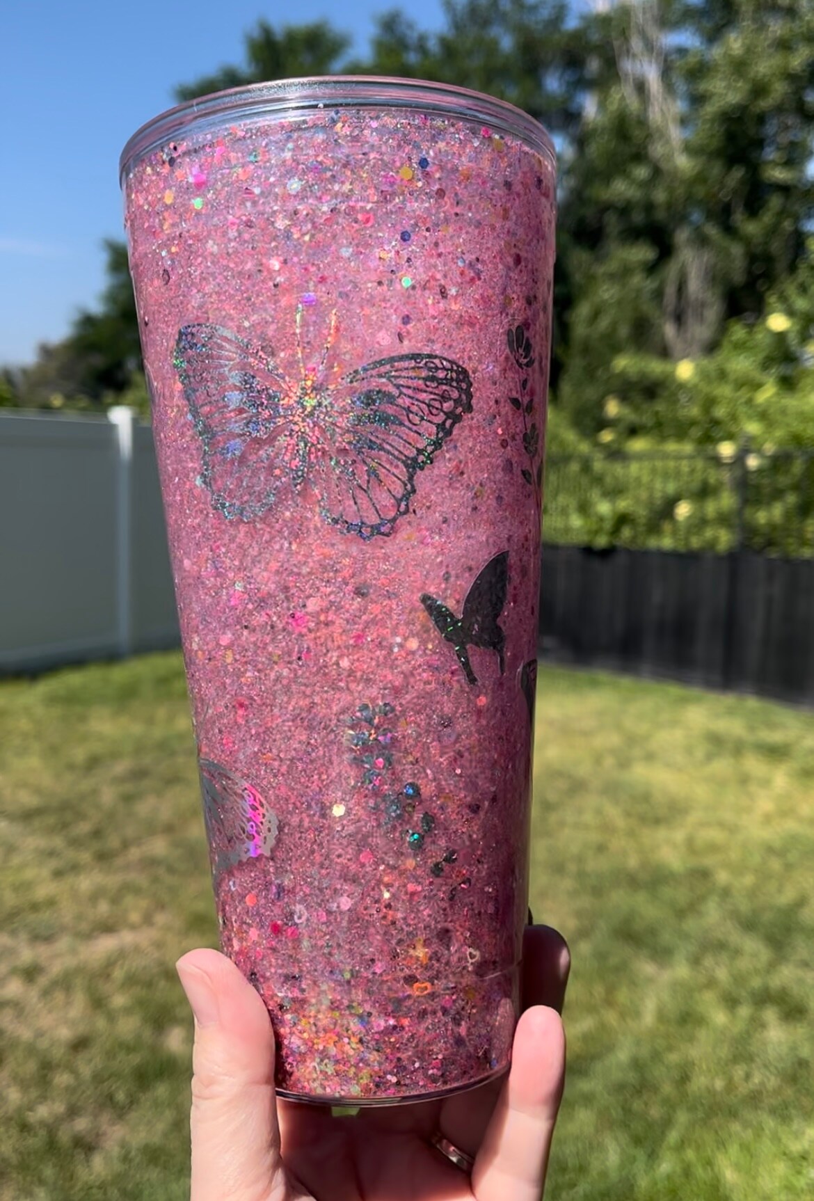 Pink Holographic Personalized Tumbler Cup , Butterfly Tumbler