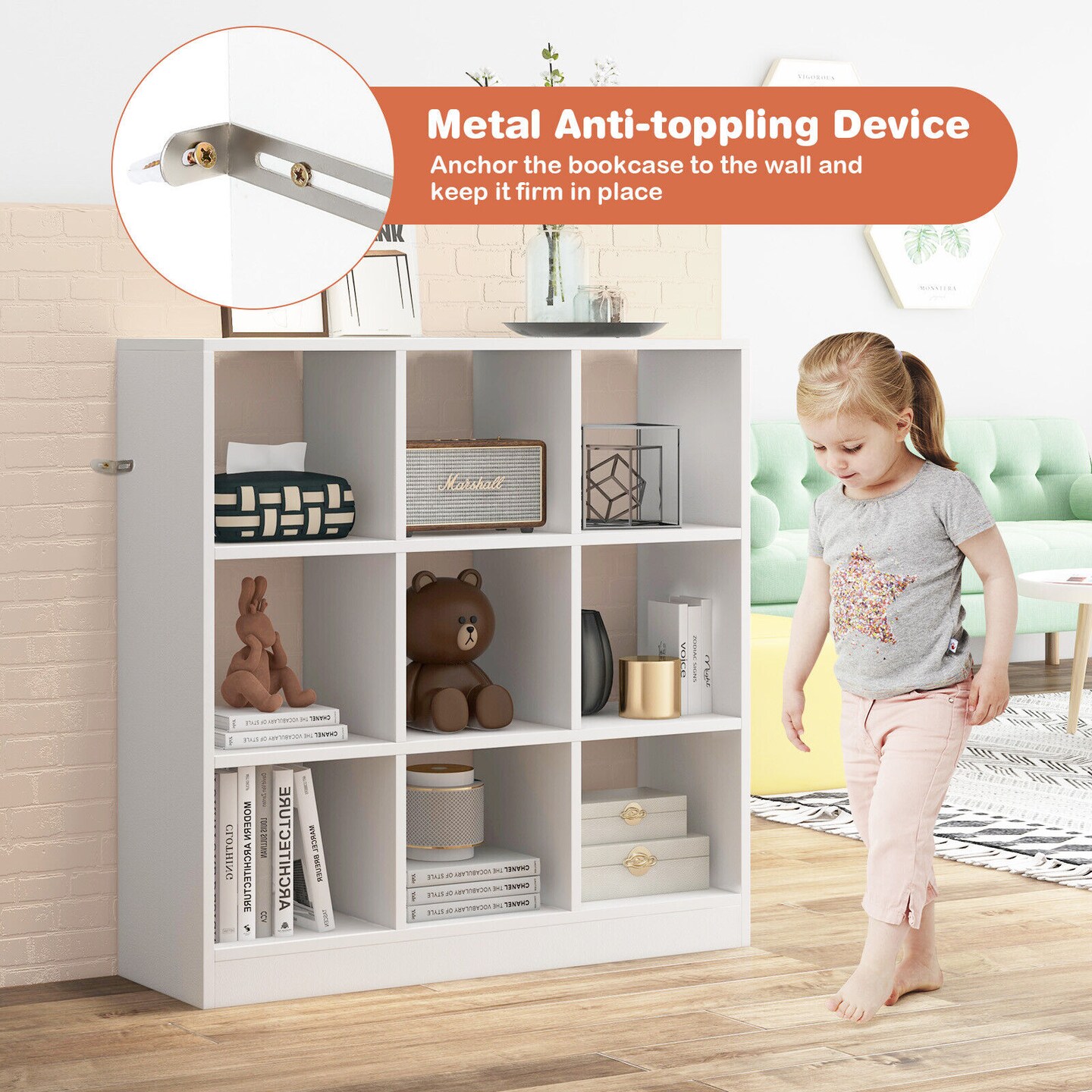 Kids 9 Cube Storage Organizer Toy Bookcase with Shelves White
