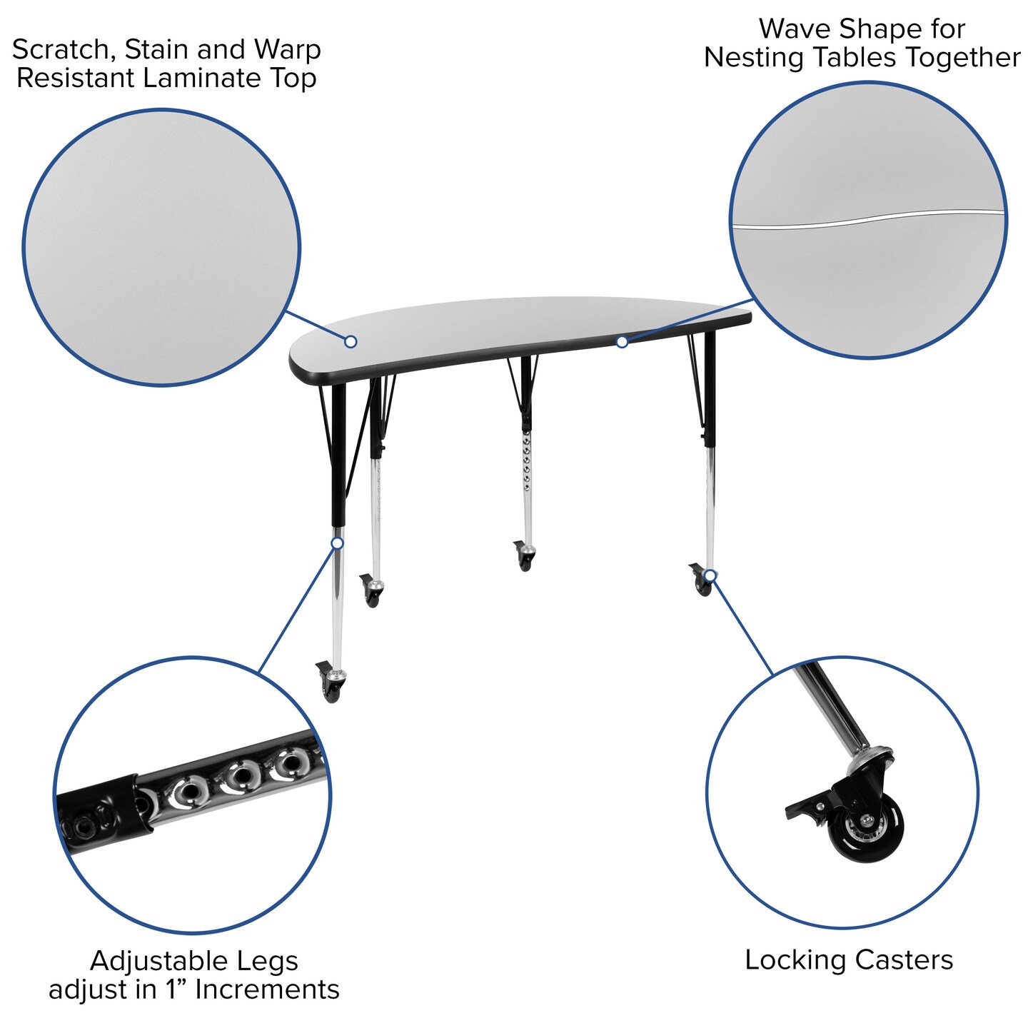 Emma and Oliver Mobile 47.5&#x22; Half Circle Wave Flexible Collaborative Adjustable Height Activity Table