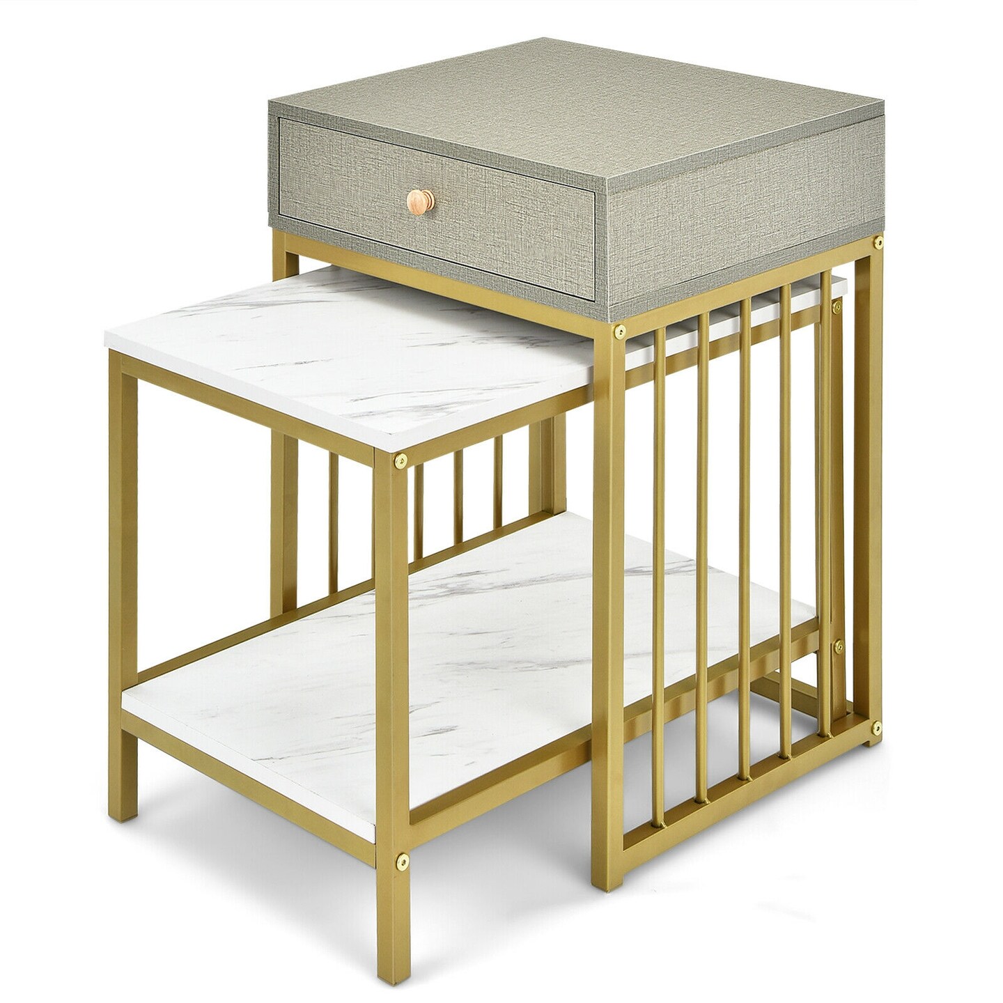 2 Piece Nesting Tables Side Table with Drawer 2 Tier Coffee Table White