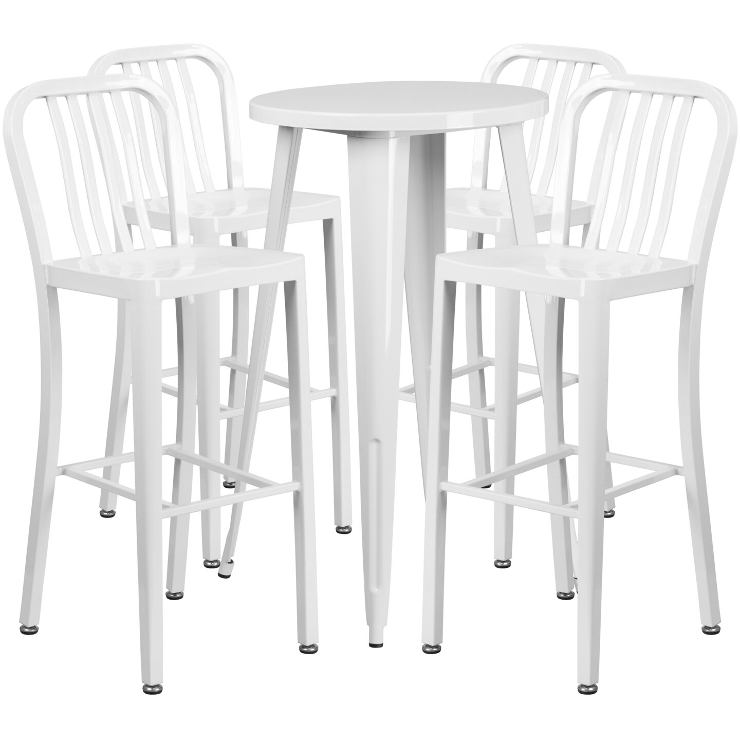Merrick Lane Evelyne Outdoor Dining Set with 24&#x22; Round Table and Slatted Back Bar Stools with Footrests