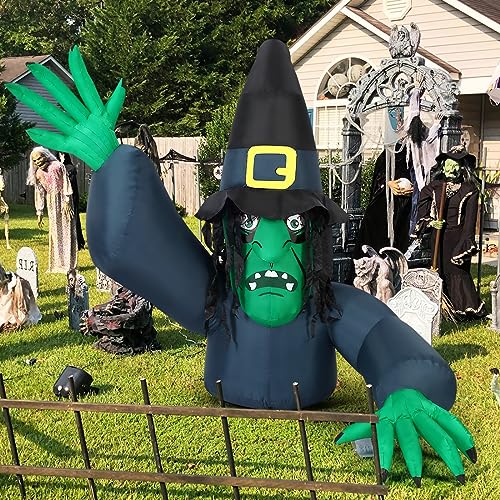 GOOSH 5.2 FT Halloween Inflatables Outdoor Decorations Green Face Witch with Wizard hat, Halloween Blow Up Yard Decoration with Build-in LED Lights for Garden, Lawn, Yard, and Party