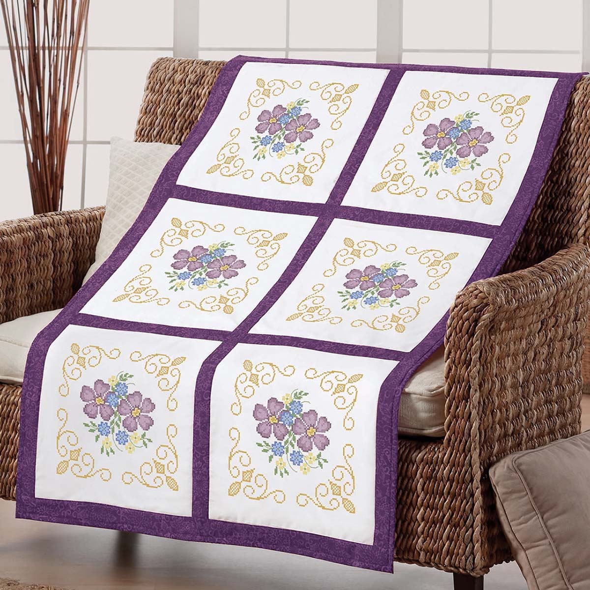 Herrschners  Victorian Floral Quilt Blocks Stamped Cross-Stitch