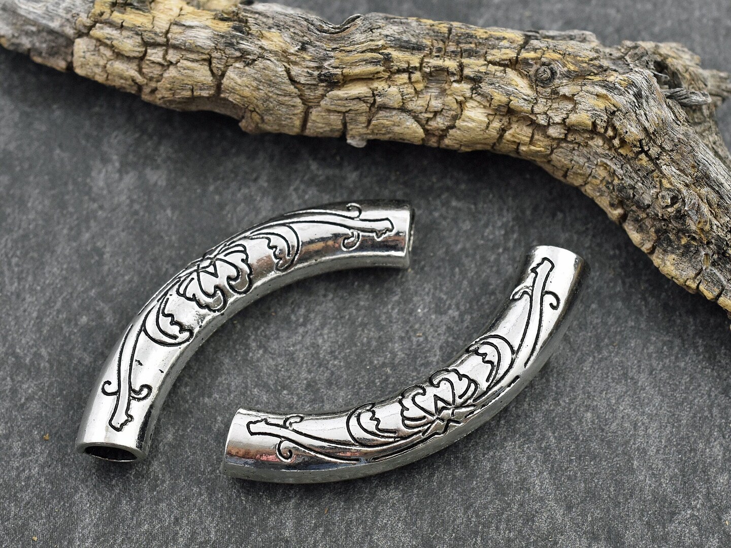 54x19mm Antique Silver Curved Tube Bead