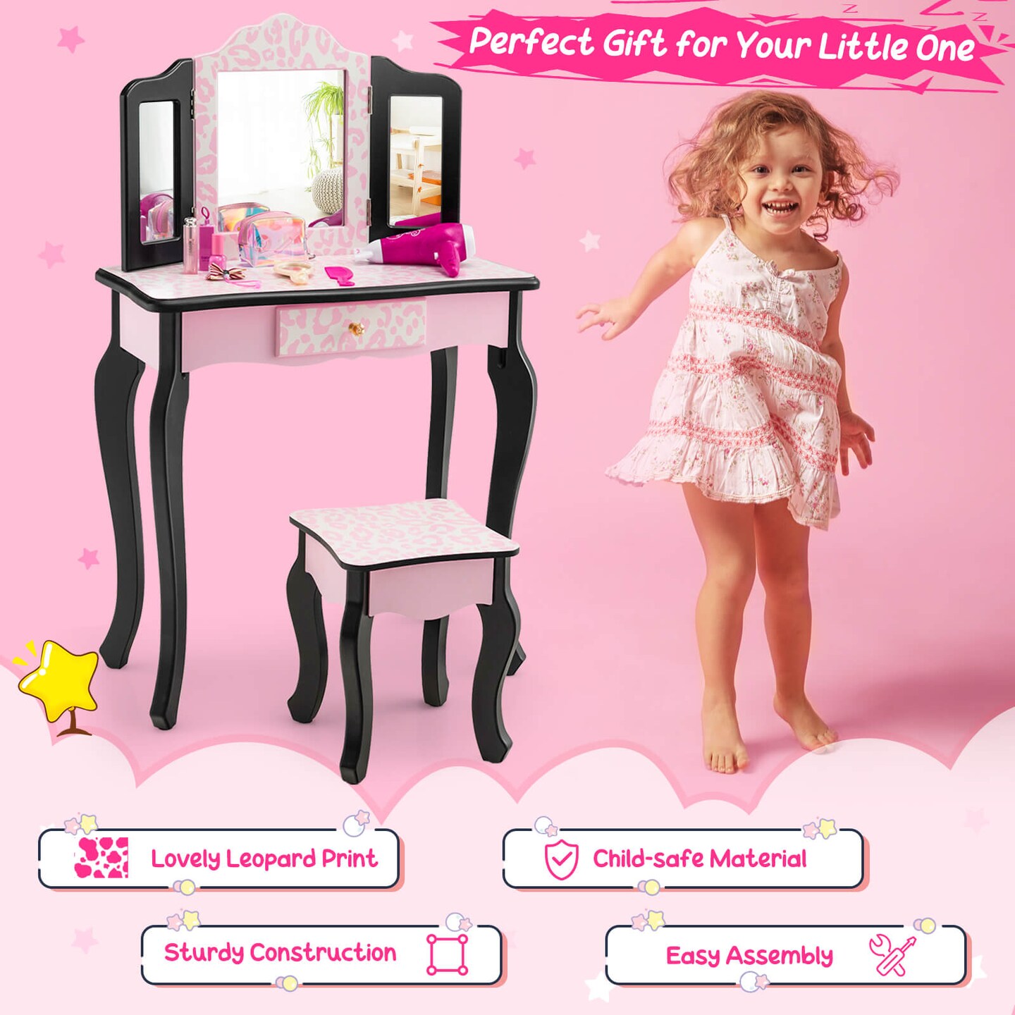 Pink Kids Vanity Table and Stool Set Tri-Folding Mirror MDF Leopard Print